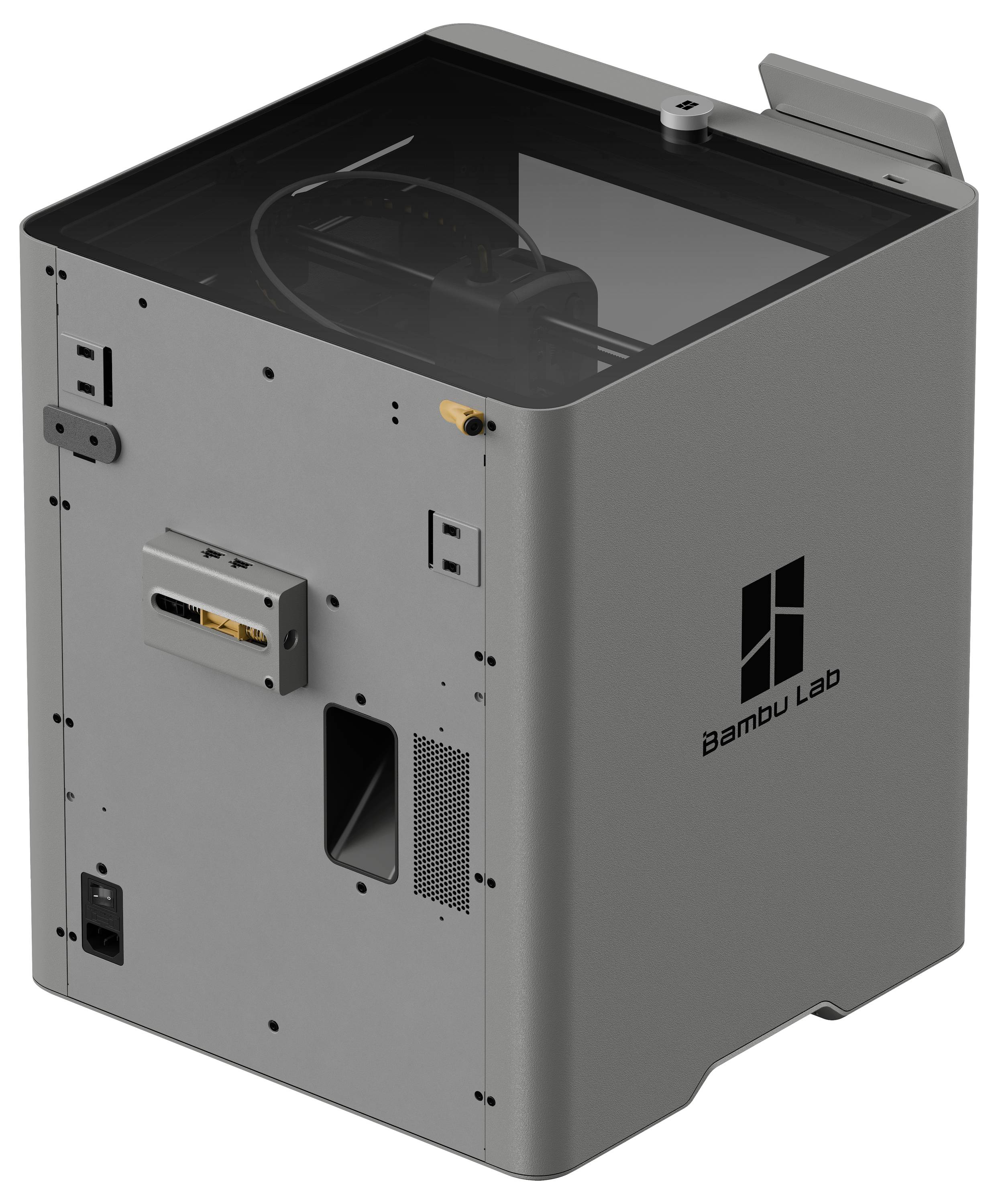Ein grauer 3D-Drucker mit dem Bambu Lab-Logo an der Seite, der ein schlankes, eckiges Design und sichtbare Innenkomponenten aufweist.