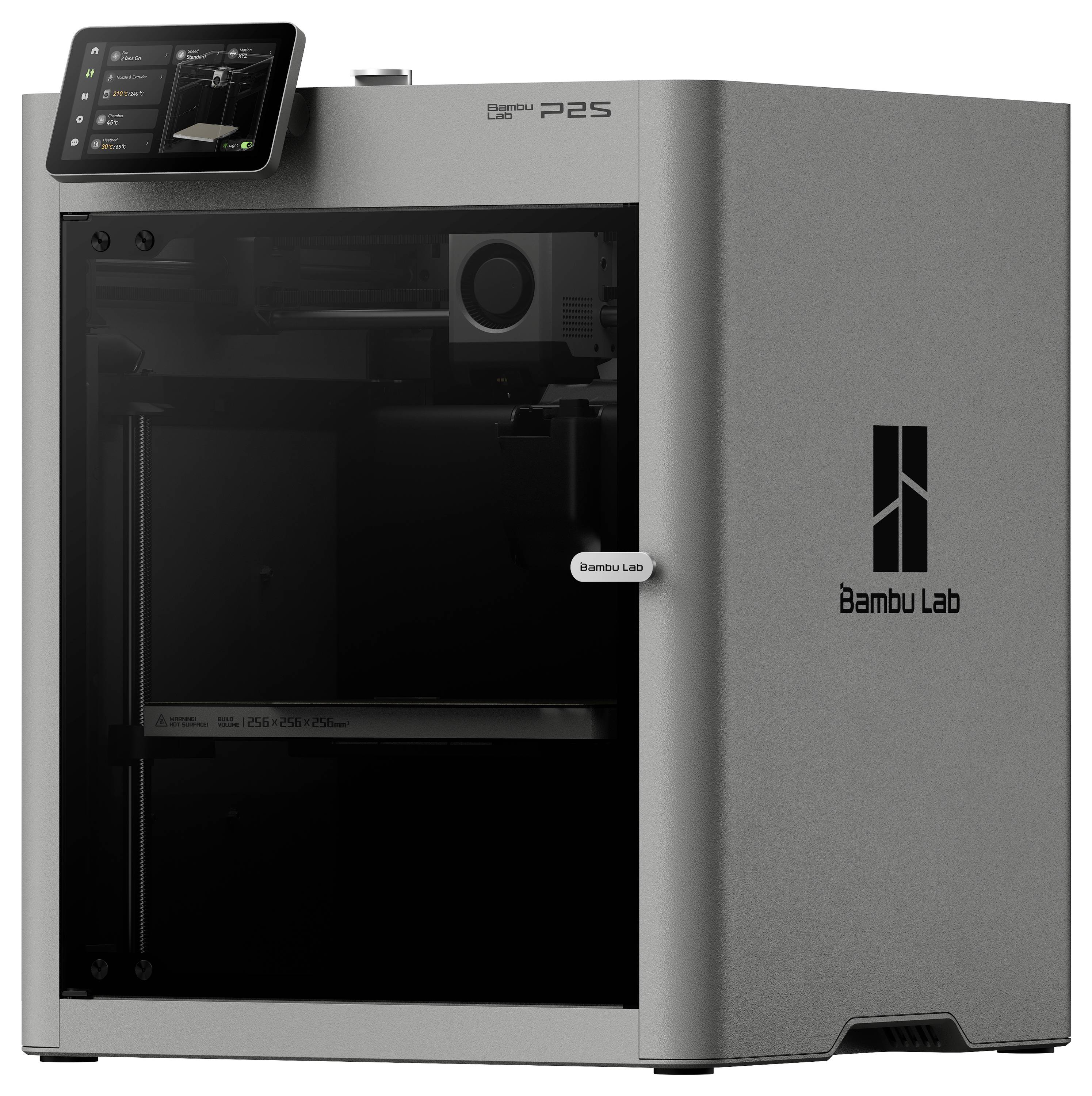 Bambu Lab P2S 3D-Drucker in einem eleganten, metallfarbenen Gehäuse mit digitalem Displaypanel und Bambu Lab-Logo an der Seite.