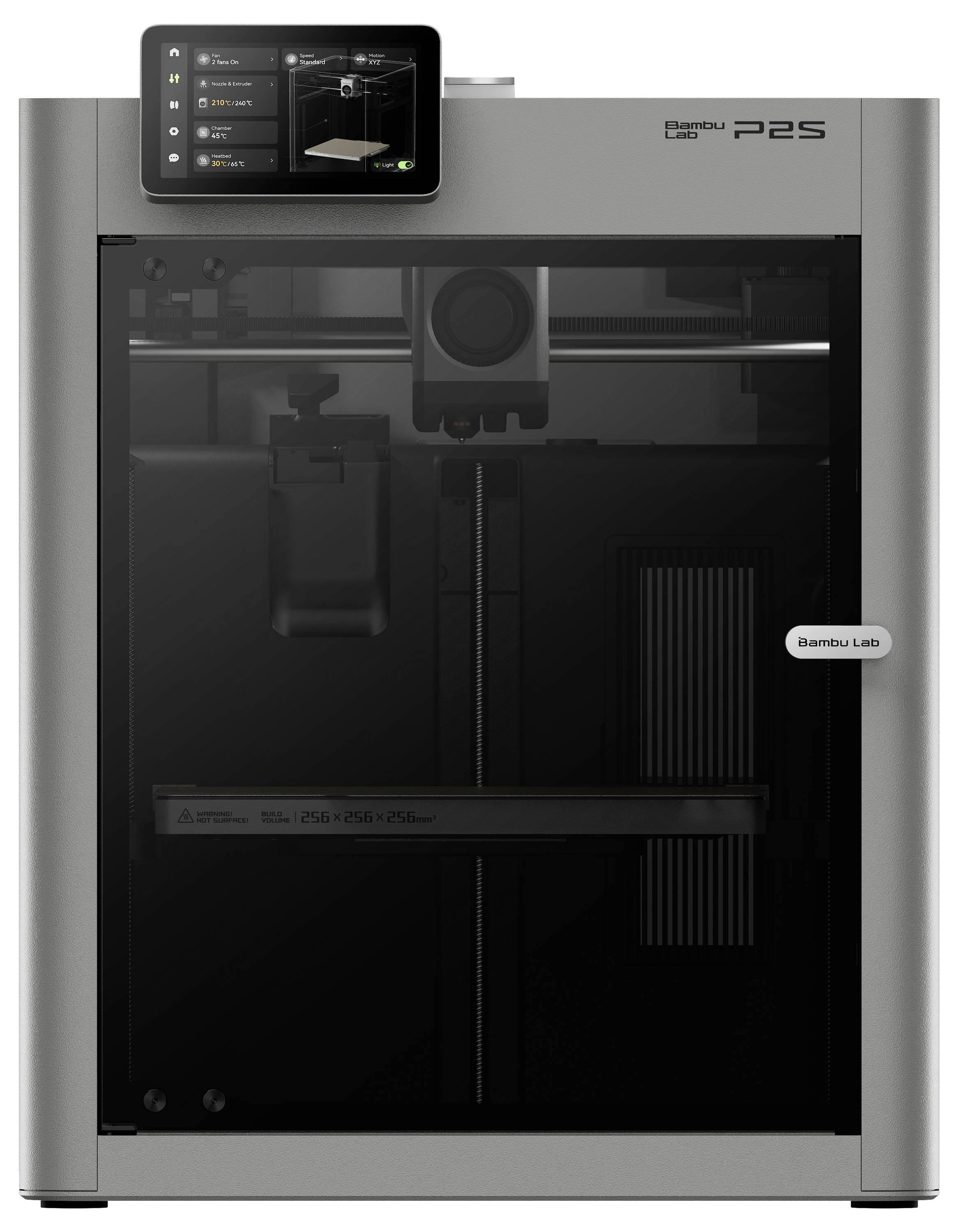 Ein Bambu Lab P2S 3D-Drucker mit einer digitalen Anzeige, die den Druckstatus zeigt, eingeschlossen in einem eleganten, kompakten Metallrahmen mit transparenter Frontseite.