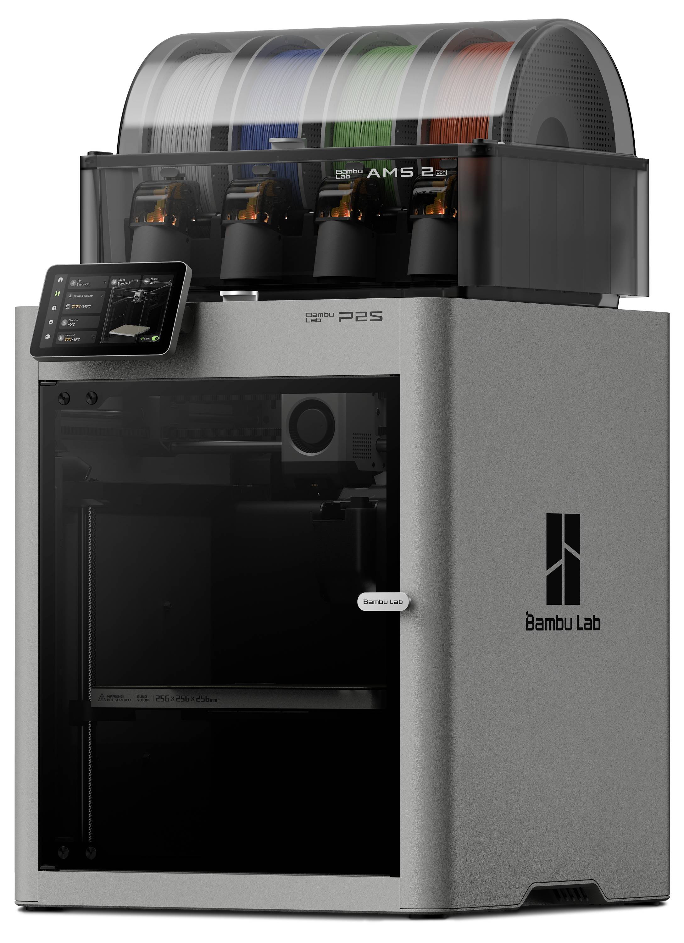 Ein 3D-Drucker mit mehreren Farbfilamentspulen oben, ausgestattet mit einem digitalen Bedienfeld und seitlich mit "Bambu Lab" markiert.