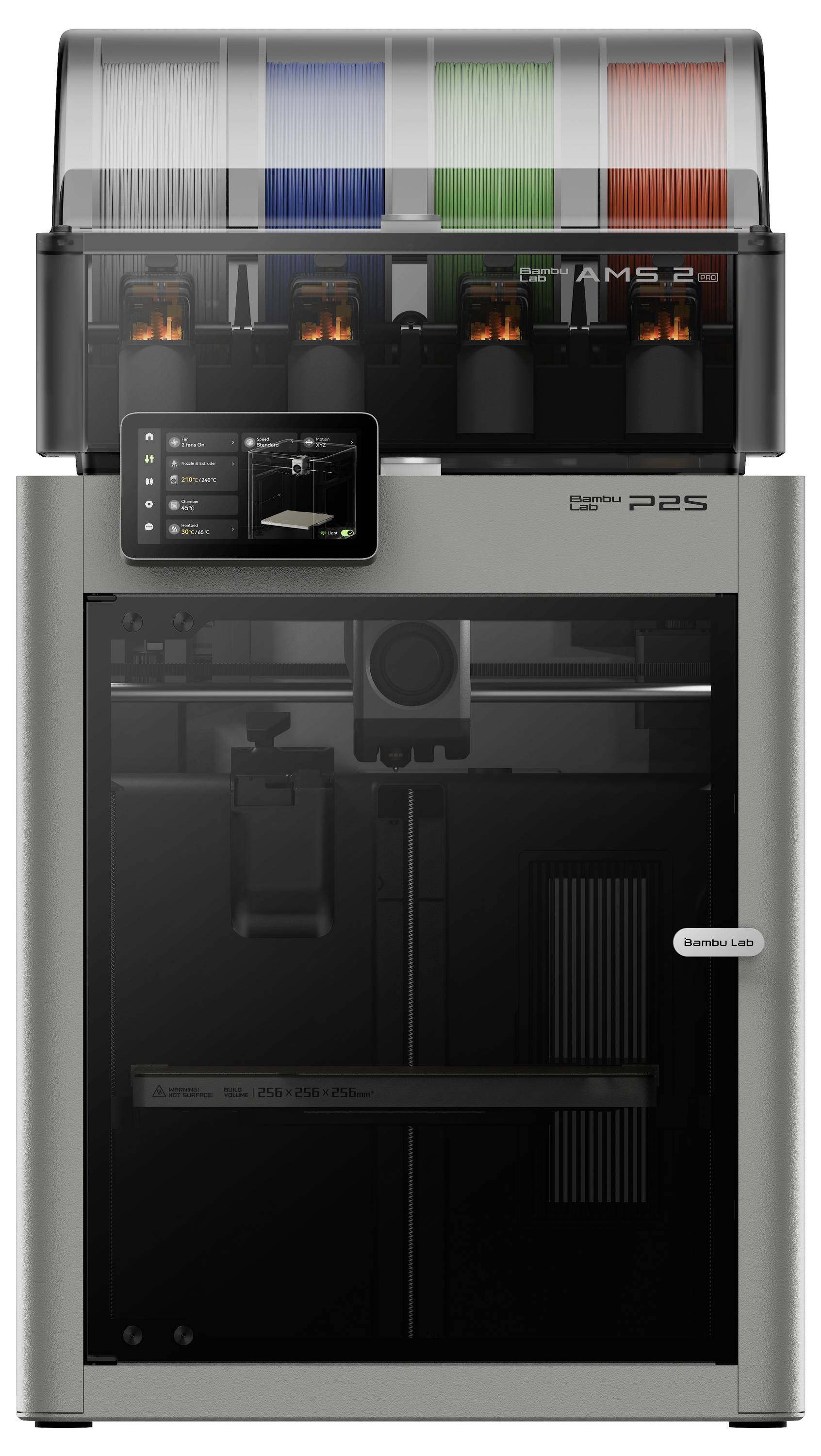 Ein 3D-Drucker mit mehreren Filamentspulen in Blau, Weiß, Rot und Grün. Ein digitales Display zeigt auf der Vorderseite Status und Einstellungen an.