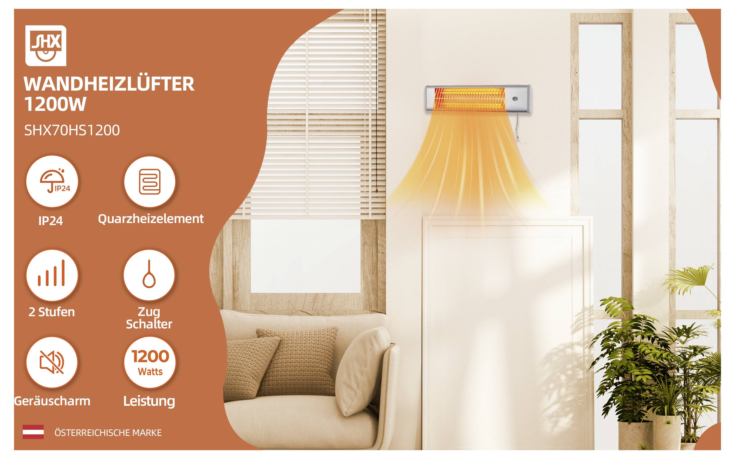 Wandheizlüfter 1200W, in einem modernen Wohnzimmer montiert, zeigt Wärmeverteilung. Merkmale umfassen IP24, Quarz-Technologie, 2 Einstellungen, Zugschalter, geräuscharm, 1200 Watt.