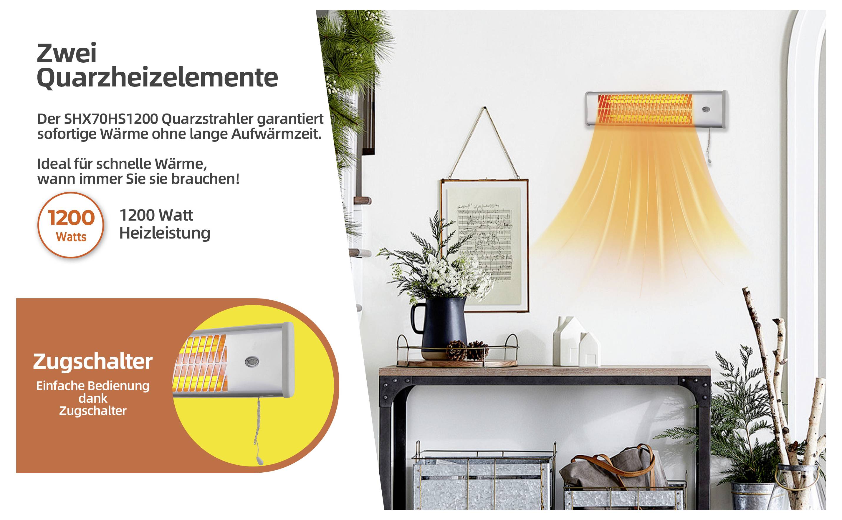 Elektrischer Heizstrahler an einer Wand, der Wärme abstrahlt, mit der Beschriftung 1200 Watt. Der Text betont schnelle Aufheizung und einfache Bedienung mit einem Zugschalter.