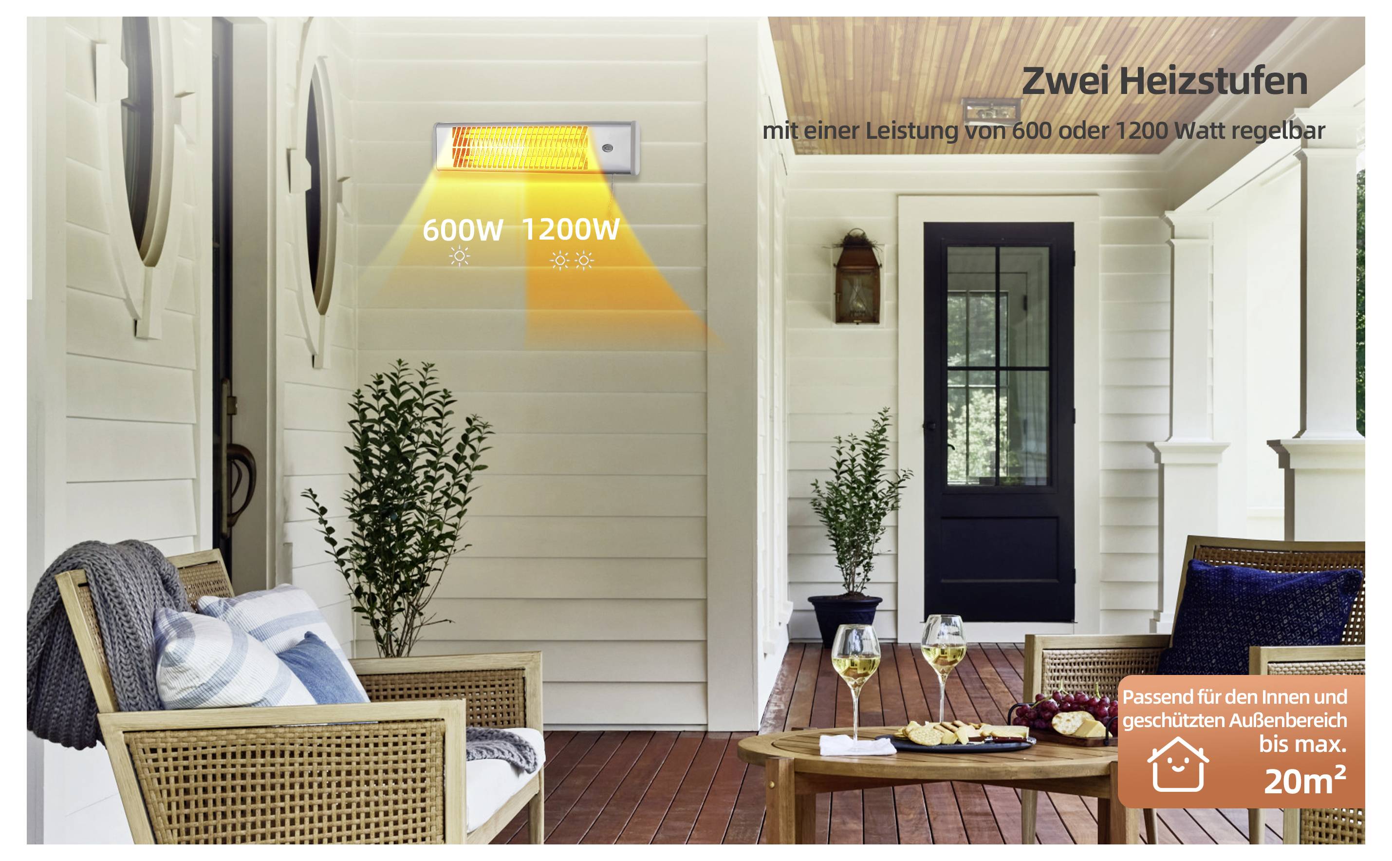 Überdachte Terrasse mit einem wandmontierten Heizgerät über der Tür. Der Text gibt Auskunft über einstellbare Leistungsstufen von 600 W bis 1200 W.