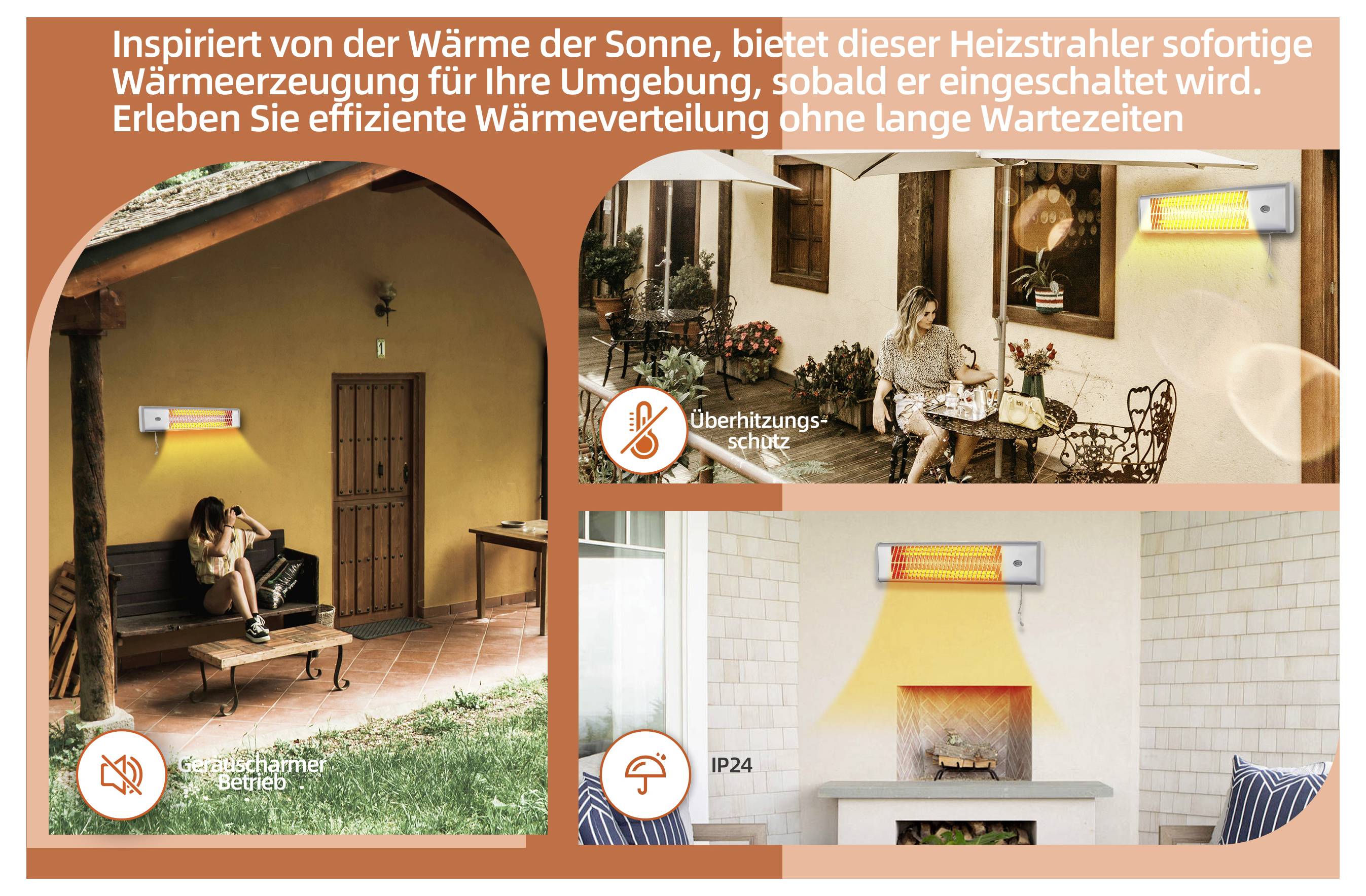 Bild zeigt Terrassenheizgeräte; links oben: Heizgerät auf einer Terrasse mit einer sitzenden Person; links unten Symbole für Sicherheitsmerkmale; rechts: Heizgerät im Freien in Benutzung. Deutscher Text hebt effiziente Wärmeerzeugung hervor.