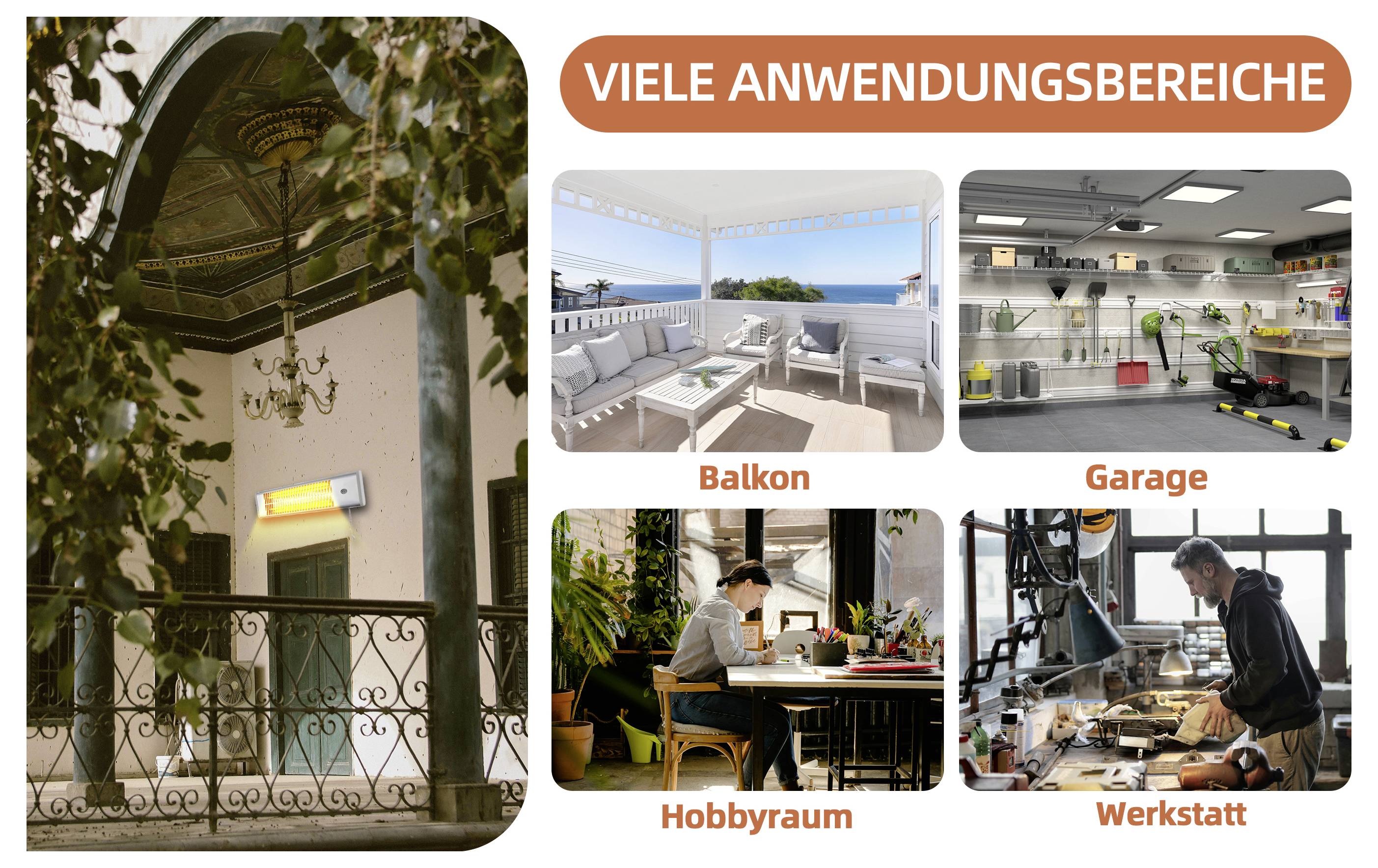 Eine Collage mit vier beschrifteten Bildern: 'Balkon', 'Garage', 'Hobbyraum' und 'Werkstatt', die verschiedene Einsatzmöglichkeiten für ein Heizgerät veranschaulichen.