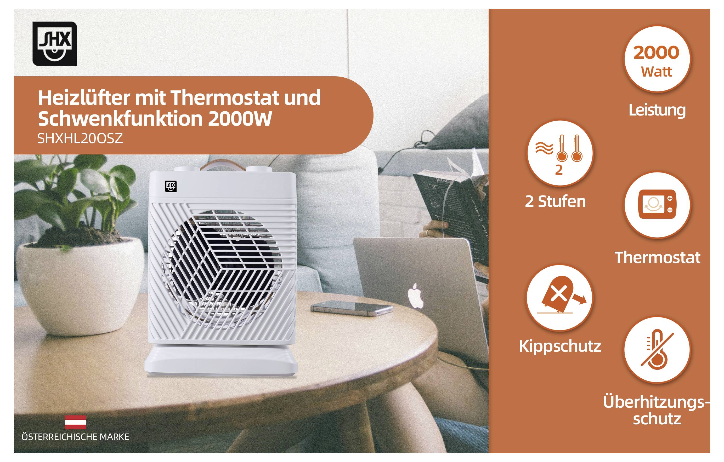 'Heating fan with thermostat and oscillation function 2000W, 2 stages, thermostat, tilt protection, overheating protection. Power: 2000 watts.'