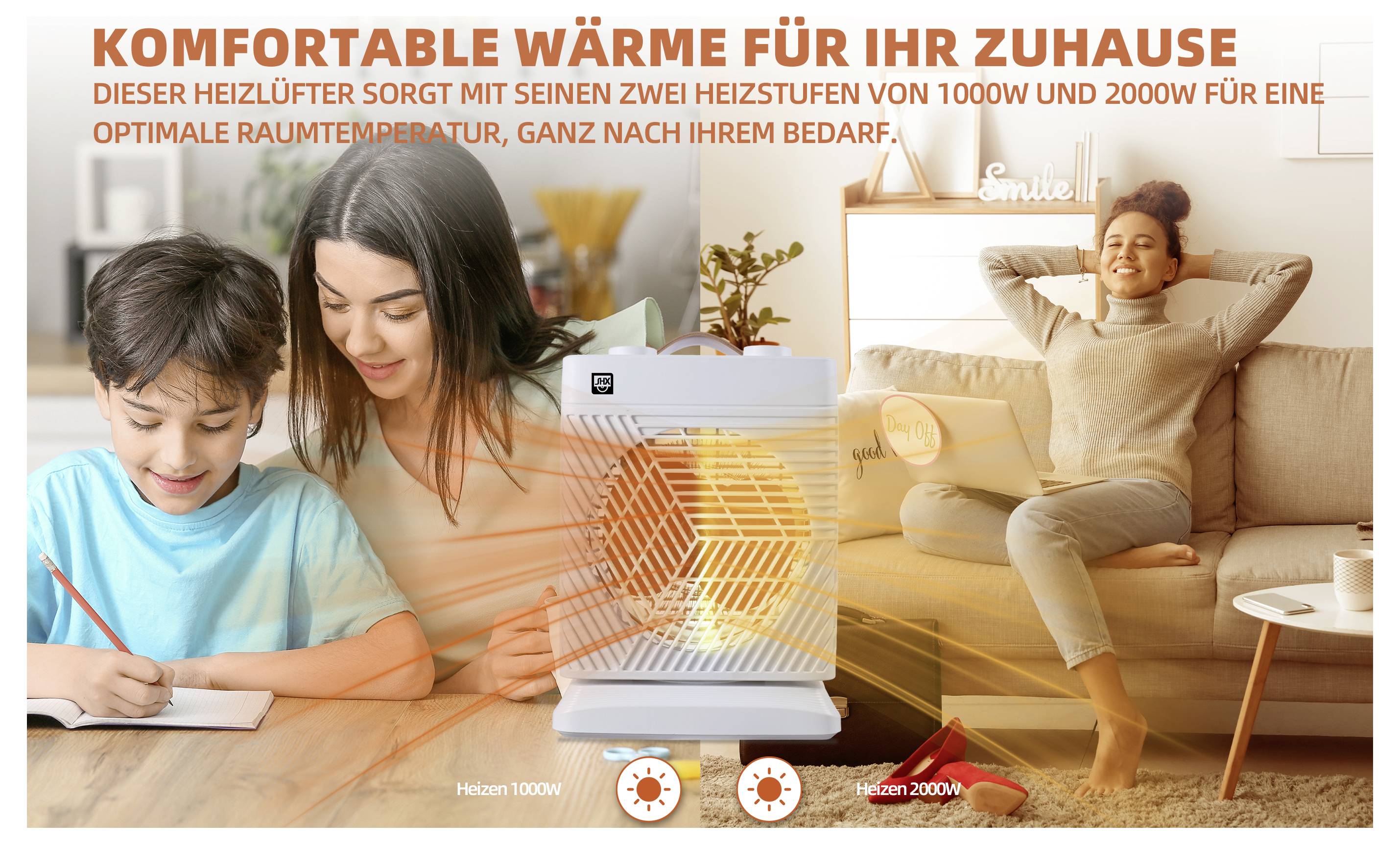 Das Bild bewirbt einen Heizungsofen für „gemütliche Wärme zu Hause", mit einer Frau, die die Wärme genießt, und einem Kind, das lernt, wodurch verschiedene Nutzungsszenarien veranschaulicht werden.