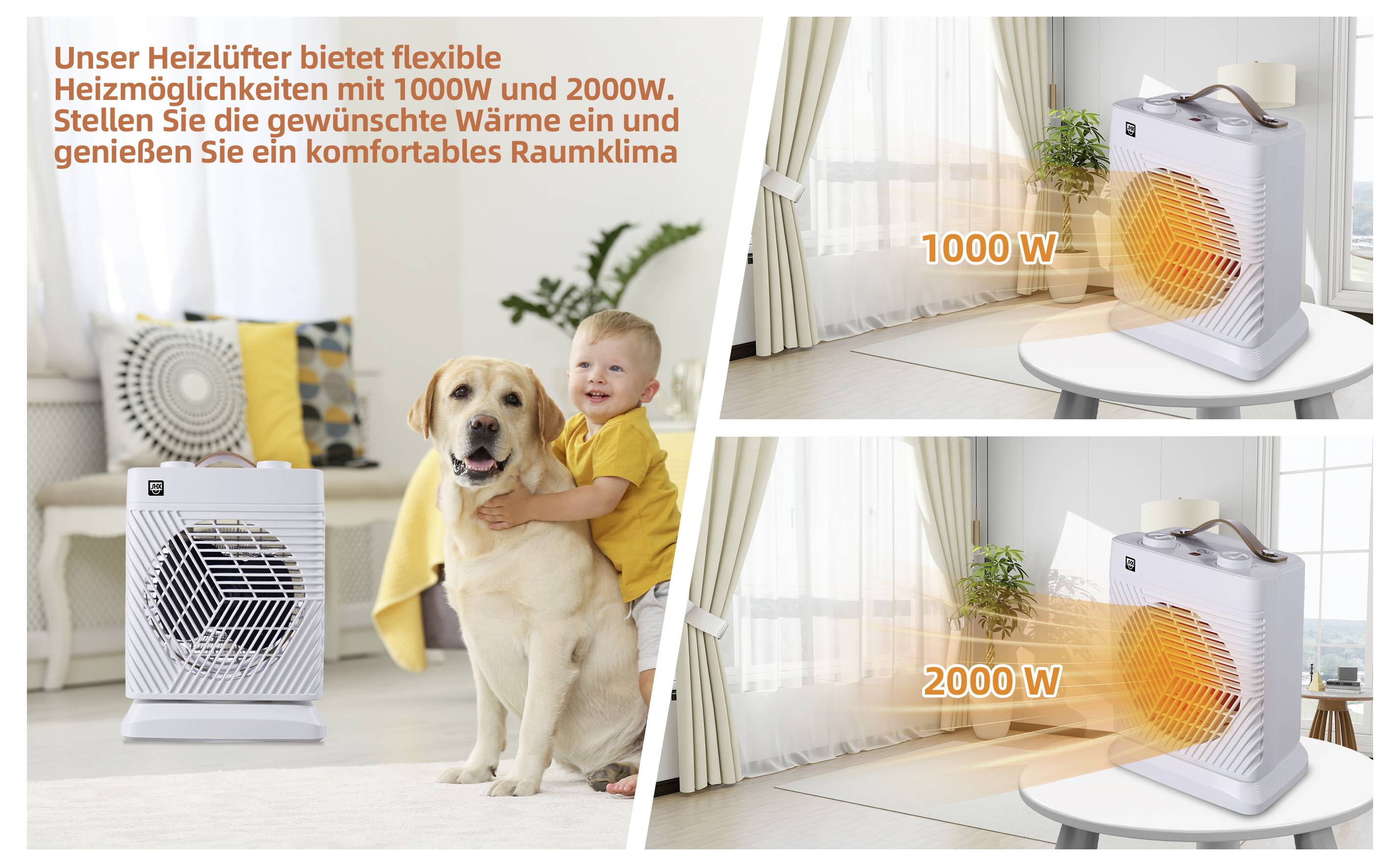 Ein Kind und ein Hund in der Nähe eines Heizkörpers im Innenbereich; daneben zwei Bilder mit Heizeinstellungen: eines mit der Beschriftung „1000 W", das andere „2000 W".