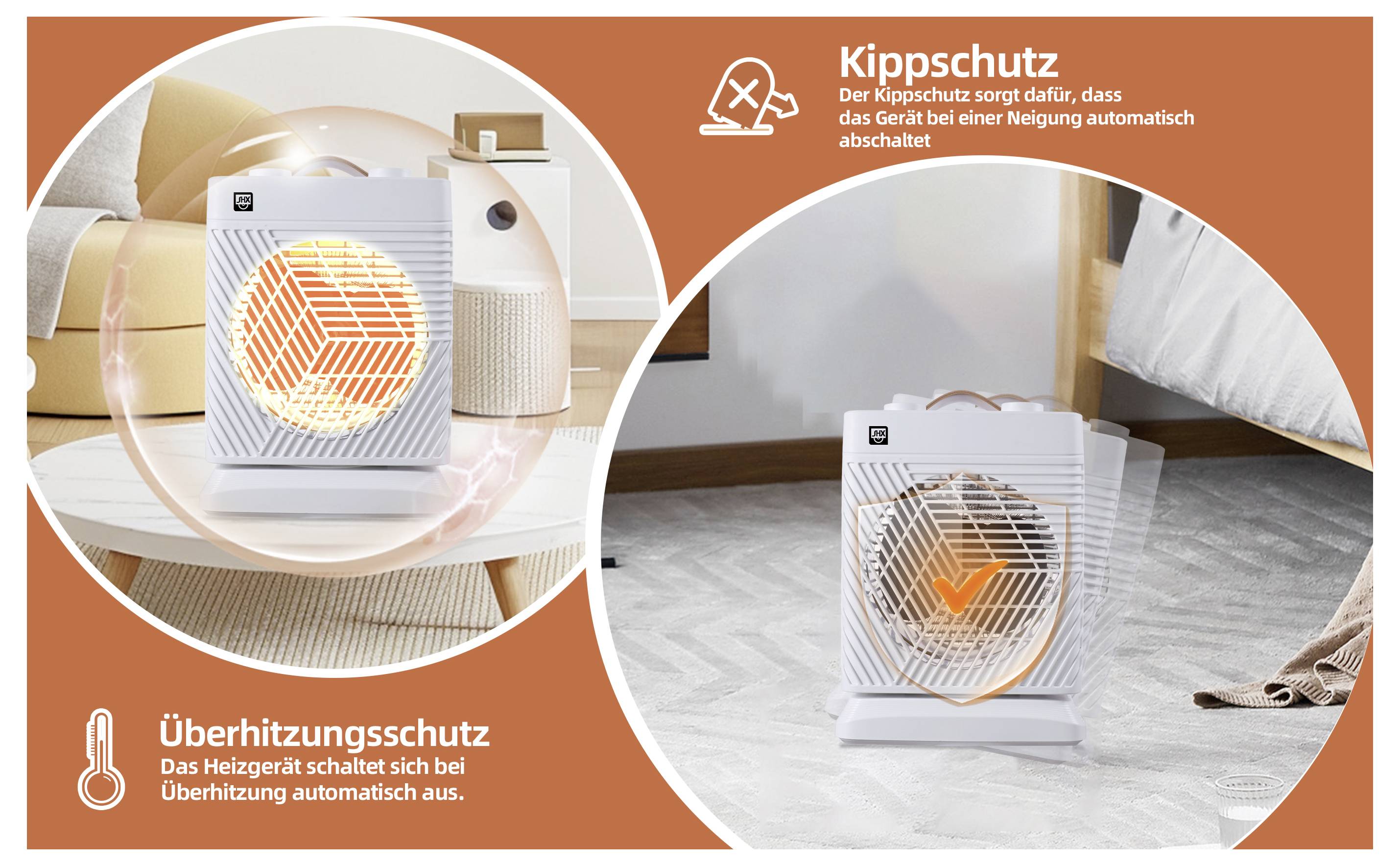 Ein Raum mit einem geneigten elektrischen Heizgerät in einem Schlafzimmerambiente, das Sicherheitsmerkmale zeigt: „Umkippschutz" und „Überhitzungsschutz"