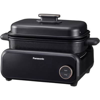 Ein schlanker, schwarzer Panasonic Multifunktions-Kochapparat mit 'Start'- und 'Stop'-Taste an der Vorderseite, ausgestattet mit einem abnehmbaren Deckel.