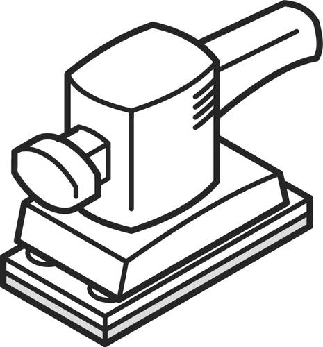 Technische Linienzeichnung eines Elektro-Schleifgeräts, die den Griff und die Schleiffläche zeigt, die typischerweise zum Glätten von Oberflächen in der Holzbearbeitung verwendet wird.