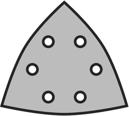 Darstellung eines dreieckigen Schleifpads mit sechs runden Löchern, das zur Befestigung an einem Schleifgerät zum Glätten von Oberflächen verwendet wird.