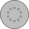 Eine graue, runde Schleifscheibe mit einem zentralen Kreis von kleinen Perforationen, die in einem Muster angeordnet sind und zum Schleifen oder Abrasieren von Oberflächen verwendet wird.