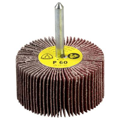 'P60' Lamellenschleifscheibe mit radialen Schleifschichten und zentraler Aufspannspindel zur Werkzeugbefestigung, verwendet zum Schleifen und Finish von Oberflächen.
