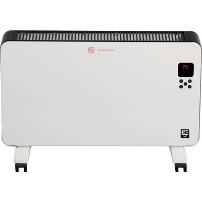 Ein weißer Elektroheizer mit schwarzen Kanten, auf dessen digitalem Display '25°C' angezeigt wird. Ein Symbol auf der Vorderseite oben liest 'Nicht abdecken'.
