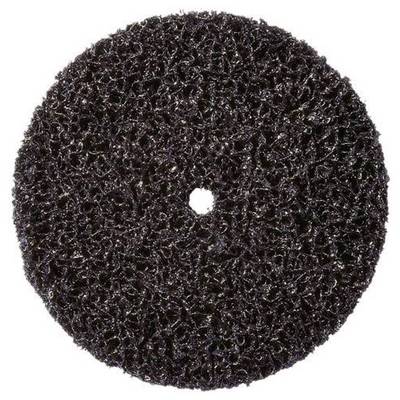 Ein rundes, grobes, dunkelfarbenes Schleifpad mit einem zentralen Loch, das zum Reinigen oder Polieren von Oberflächen verwendet wird.