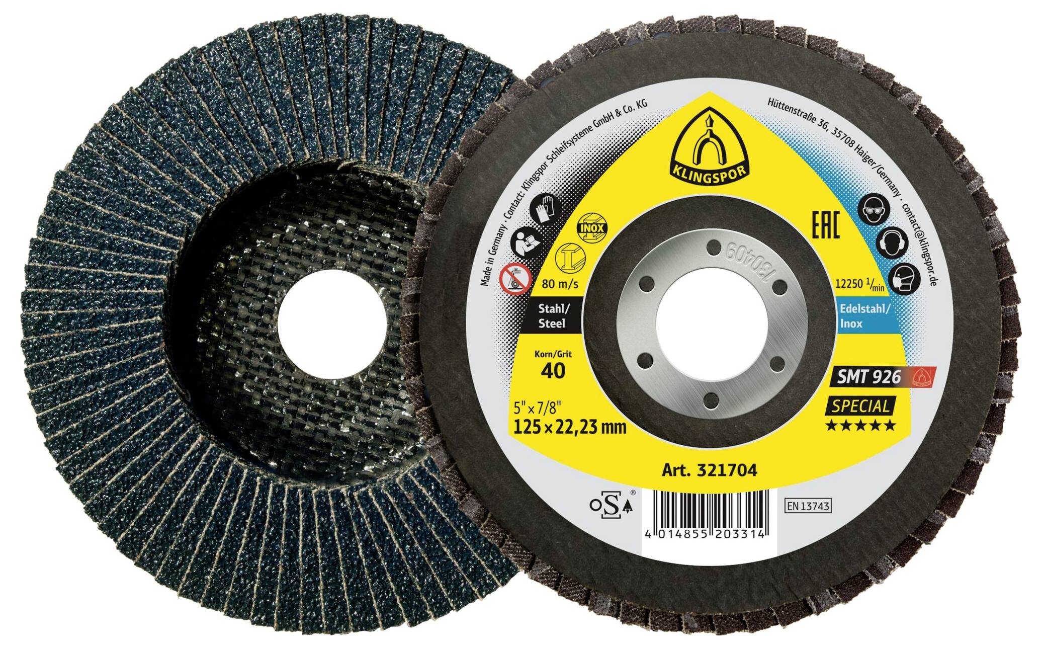 Klingspor 321708 SMT 926 Schleifmopteller, 115 x 22,23 mm Korn 80 gewölbt Durchmesser 115 mm 10 St.