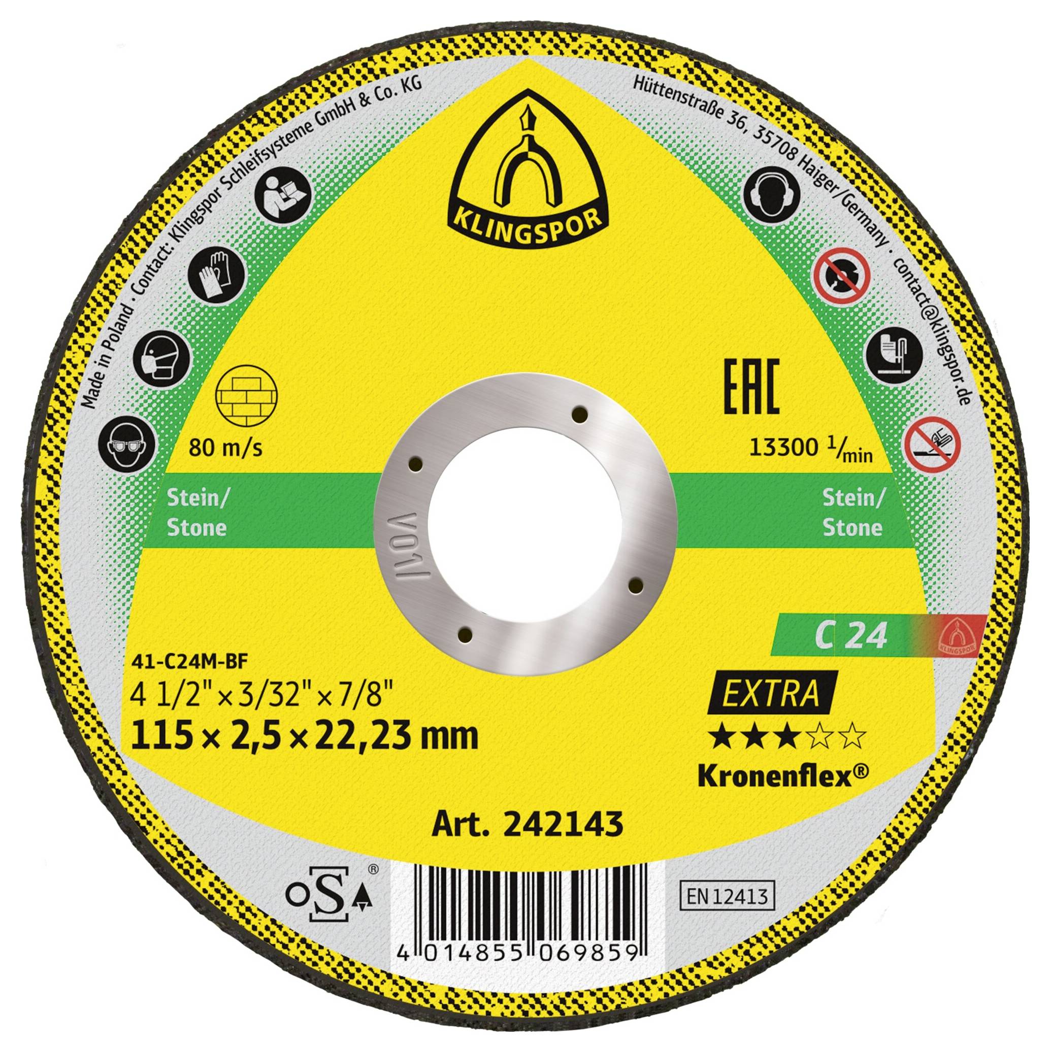 Klingspor C 24 Extra 242143 Trennscheibe gerade 115 mm 25 St. Stein, Beton