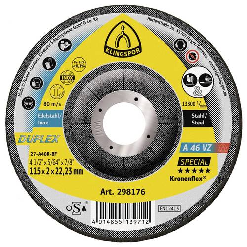 Klingspor 298176 A 46 VZ Special Schruppscheibe Durchmesser 115 mm Bohrungs-Ø 22.23 mm Edelstahl, Stahl 25 St.