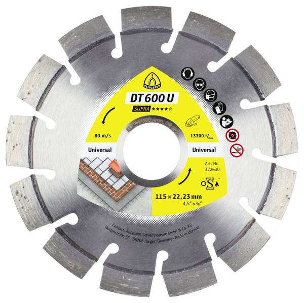 Klingspor 322630 DT 600 U Supra Diamanttrennscheibe Durchmesser 115 mm Bohrungs-Ø 22.23 mm Baustellenmaterialien, Beton, universal, Altbeton, armiert, Kalksandstein 1 St.