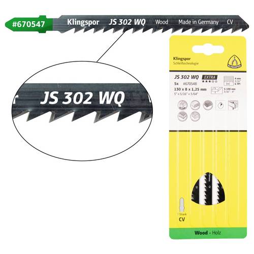 Klingspor 670548 JS 302 WQ Stichsägeblätter, 130 x 8 x 1,25 mm Nutzlänge 110Crom-Vanadium, kreuzgeschliffen, geschränkt ...