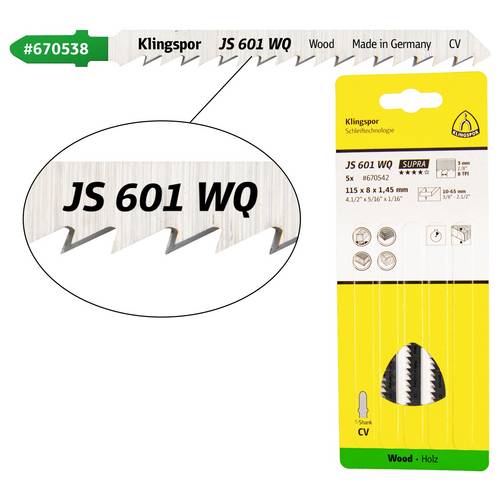 Klingspor 669581 JS 601 WQ Stichsägeblätter, 115 x 8 x 1,45 mm Nutzlänge 95Crom-Vanadium, kreuzgeschliffen, konisch , 6 ...