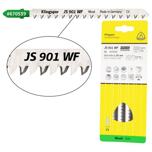 Klingspor 670539 JS 901 WF Stichsägeblätter, 115 x 8 x 1,45 mm Nutzlänge 90Crom-Vanadium, kreuzgeschliffen, konisch , 9 ...