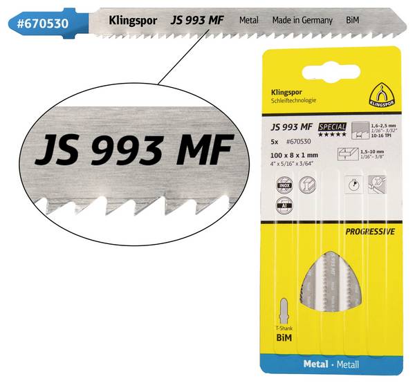 Klingspor 670530 JS 993 MF Stichsägeblätter, 100 x 8 x 1 mm Nutzlänge 75Bi-Metall, gefräst, gewellt , 10-16 Zähne pro Zoll, SB-verpackt im Karton 5 St.