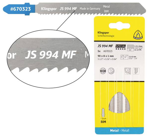 Klingspor 670323 JS 994 MF Stichsägeblätter, 90 x 8 x 1 mm Nutzlänge 63Bi-Metall, gefräst, gewellt , 11-13 Zähne pro Zoll, SB-verpackt im Karton 5 St.