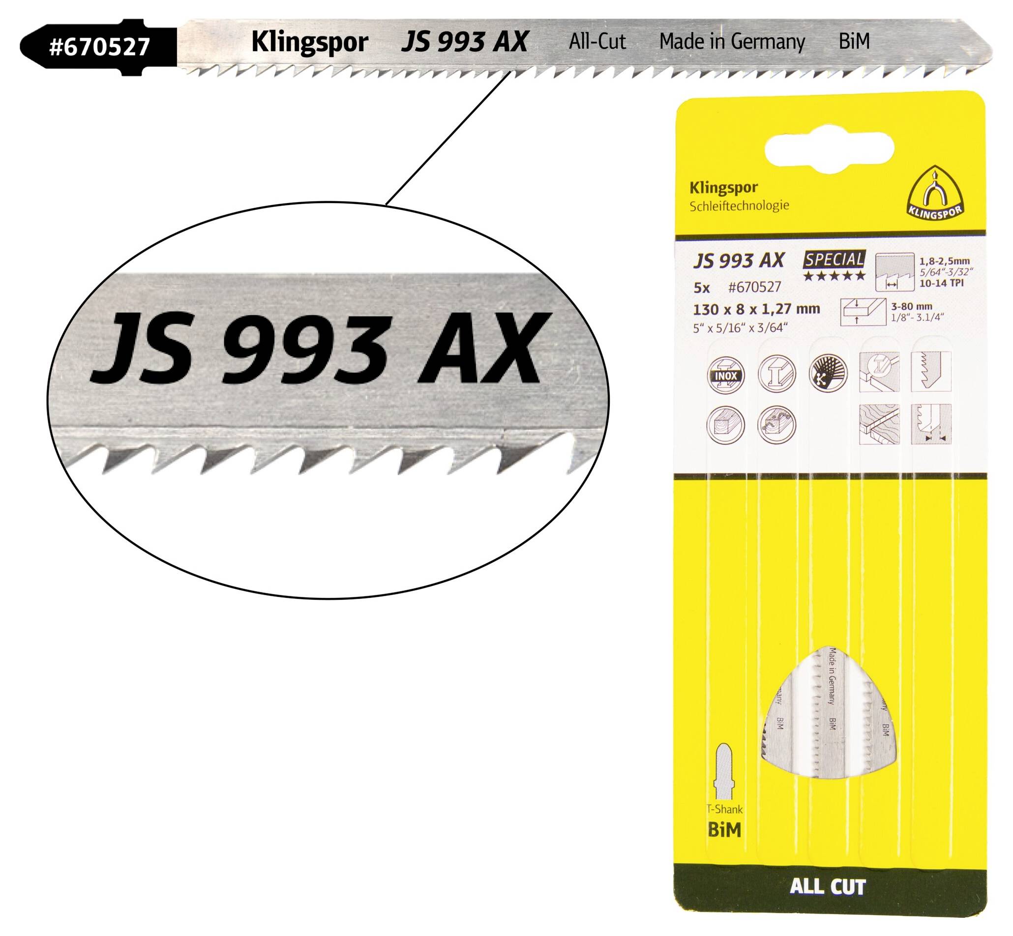 Klingspor 670527 JS 993 AX Stichsägeblätter, 132 x 8 x 1,27 mm Nutzlänge 110Bi-Metall, gefräst, geschränkt , 10-14 Zähne...