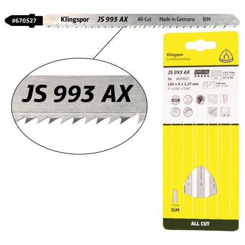 Klingspor 670527 JS 993 AX Stichsägeblätter, 132 x 8 x 1,27 mm Nutzlänge 110Bi-Metall, gefräst, geschränkt , 10-14 Zähne...