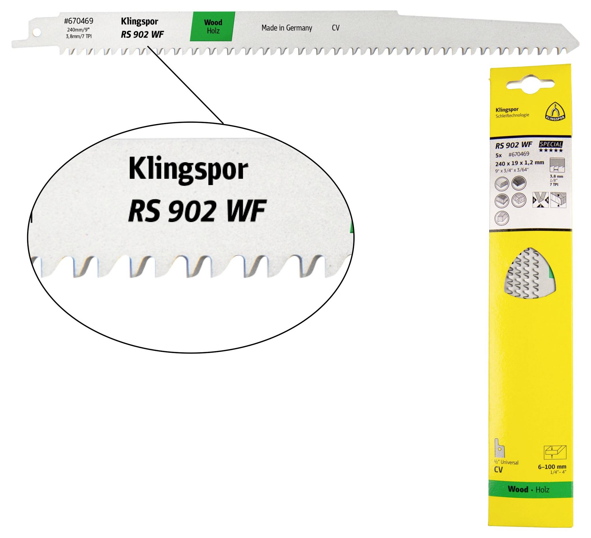 Klingspor 670469 RS 902 WF Säbelsägeblätter, 240 x 19 x 1,2 mm Nutzlänge 210Crom-Vanadium, kreuzgeschliffen, konisch , 7...