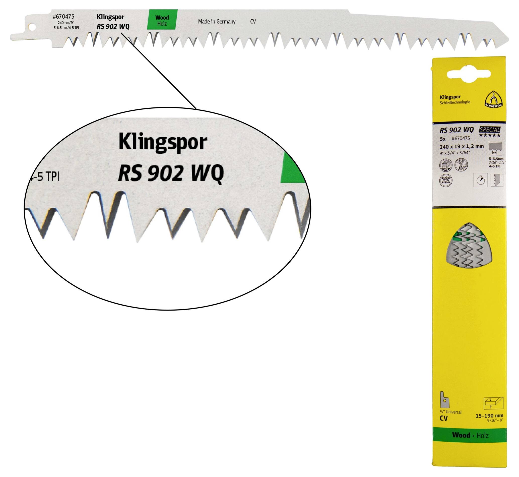 Klingspor 670475 RS 902 WQ Säbelsägeblätter, 240 x 19 x 1,2 mm Nutzlänge 210Crom-Vanadium, kreuzgeschliffen, geschränkt ...
