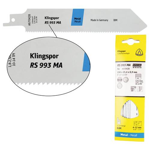 Klingspor 670338 RS 993 MA Säbelsägeblätter, 225 x 25,4 x 0,9 mm Nutzlänge 205Bi-Metall, gefräst, geschränkt , 10-14 Zäh...