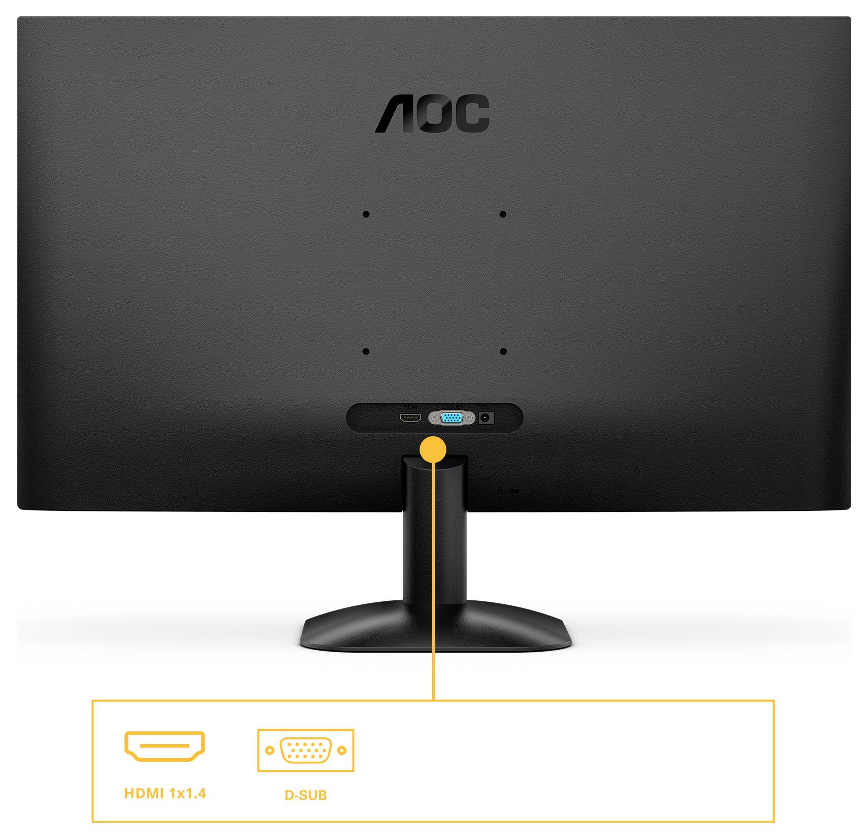 Ein schwarzer Computermonitor, von hinten betrachtet, mit Anschlüssen für HDMI 1x1.4 und D-SUB.