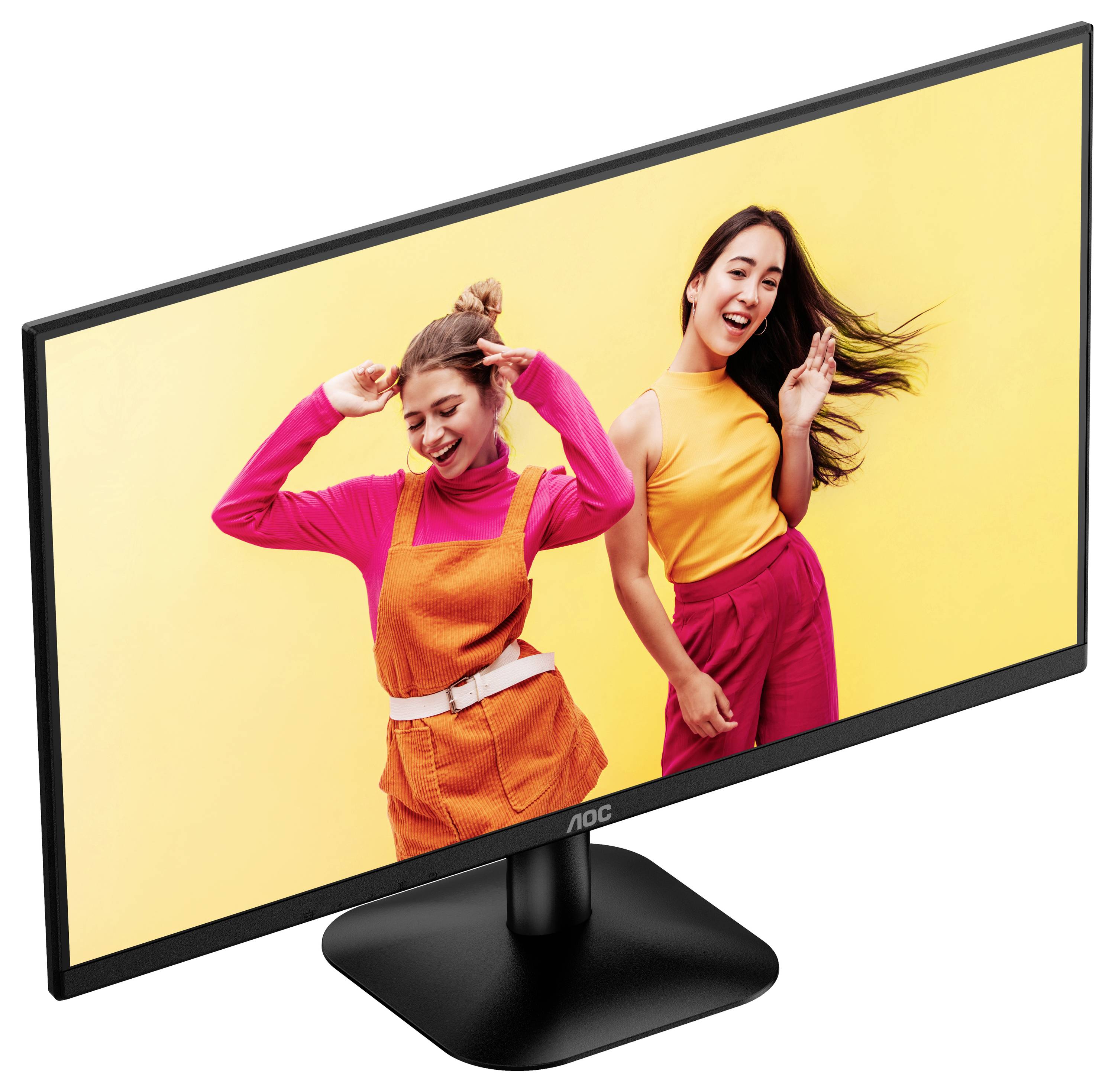 Ein Computermonitor zeigt zwei lächelnde und tanzende Menschen vor einem hellen gelben Hintergrund, was eine lebendige und fröhliche Atmosphäre vermittelt.