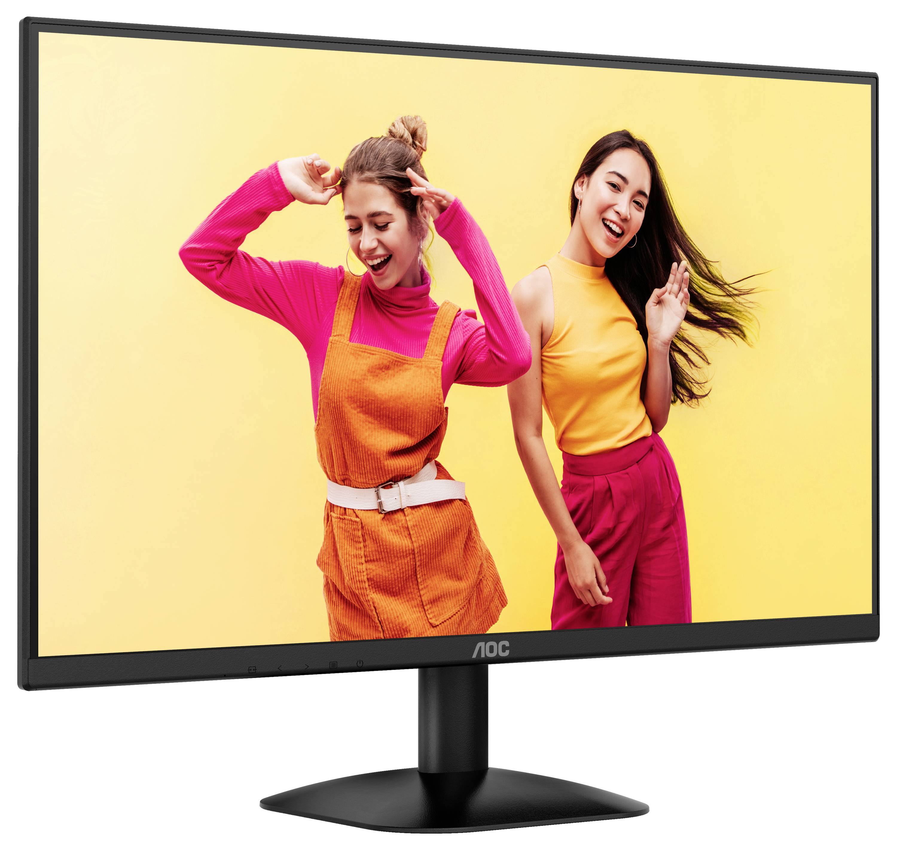 Zwei Personen posieren fröhlich vor einem gelben Hintergrund auf einem Computermonitorbildschirm. Eine trägt einen orangefarbenen Pullover, die andere ein gelbes Oberteil.