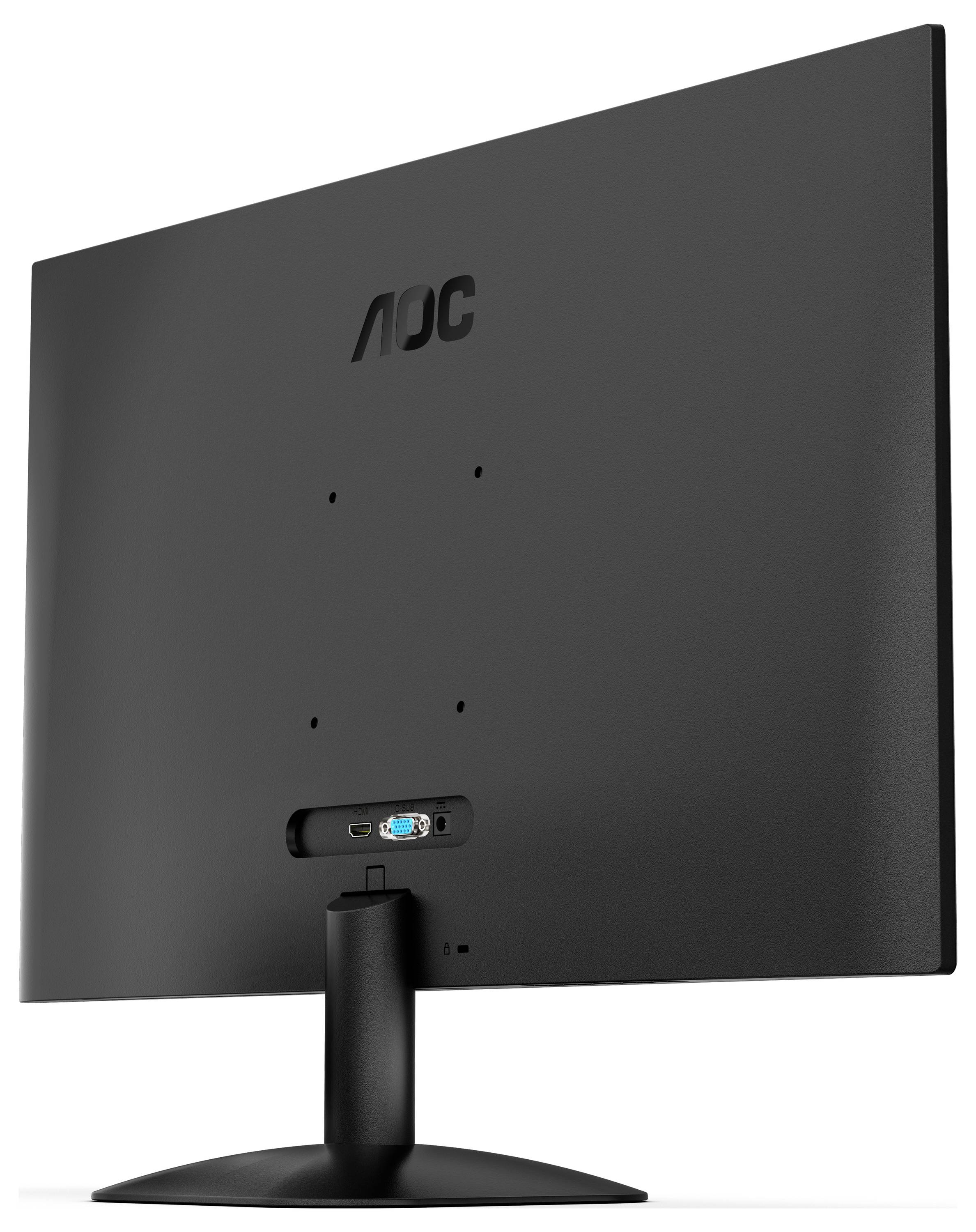 Ein schwarzer Computermonitor von hinten betrachtet, auf dem das AOC-Logo zu sehen ist, mit sichtbaren Anschlüssen am unteren Mittelteil des Ständers.