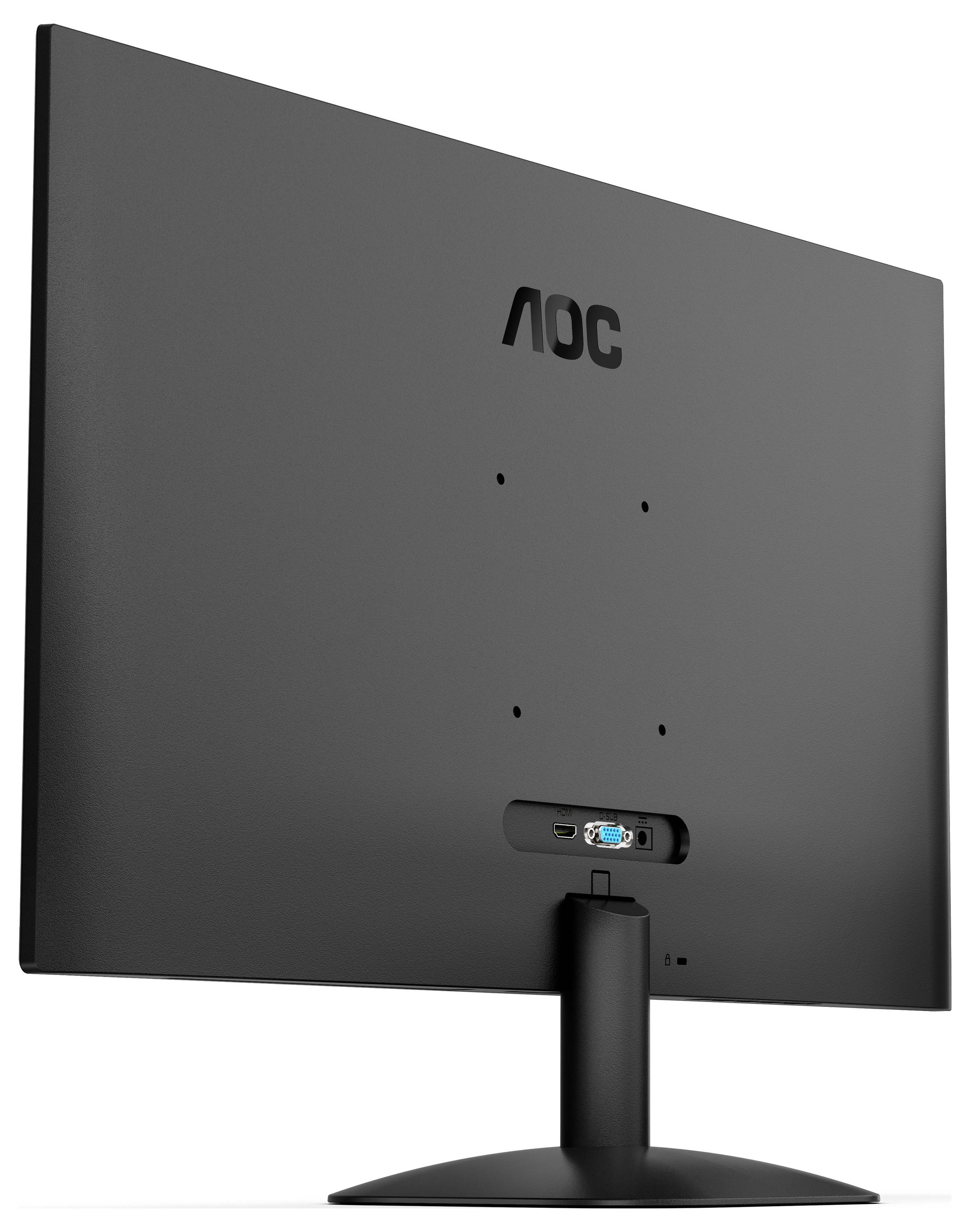 Ein schwarzer AOC-Computermonitor, von hinten betrachtet, der seinen Ständer, Anschlüsse und VESA-Montagelöcher vor einem einfarbigen Hintergrund zeigt.
