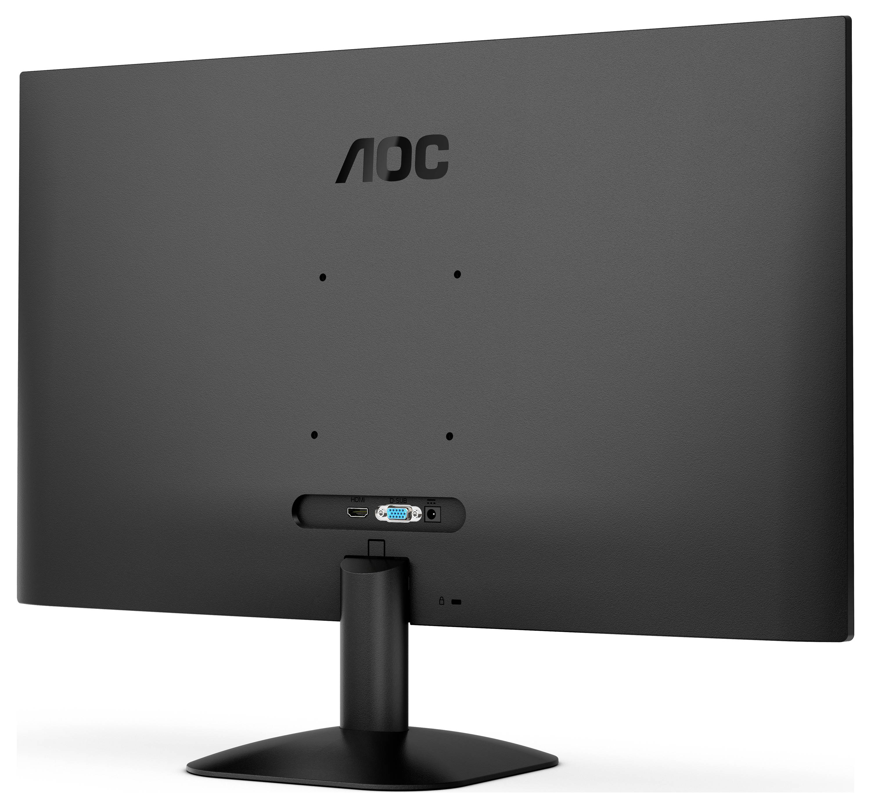 Rückansicht eines schwarzen AOC-Monitors auf einem Ständer, die Anschlussports und ein schlankes, minimalistisches Design zeigt.