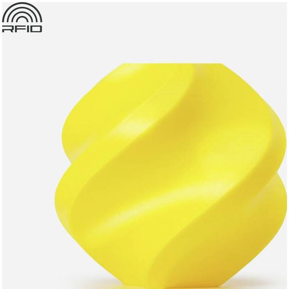 Ein hell gelbes, spiralförmiges 3D-Objekt mit einer glatten Oberfläche. Ein RFID-Logo erscheint in der linken oberen Ecke.