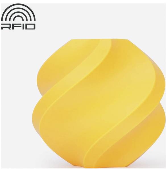 Eine gelbe Vase mit Spiraldesign, neben einem RFID-Logo in der oberen linken Ecke.