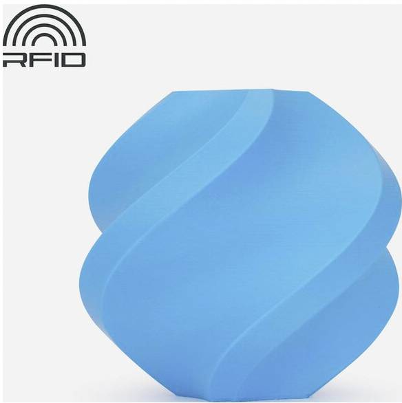 Ein blauer, spiralförmiger RFID-Tag mit dekorativem Design sitzt unter dem RFID-Logo oben links.