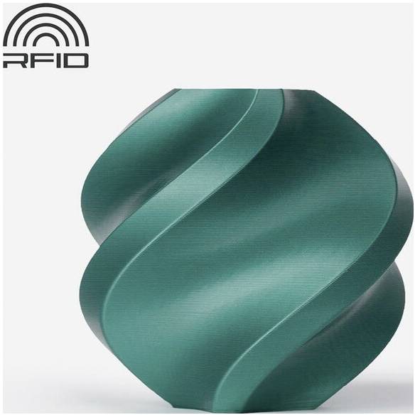 Eine grüne, verdrehte zylindrische Form mit einem RFID-Logo in der linken oberen Ecke auf weißem Hintergrund.