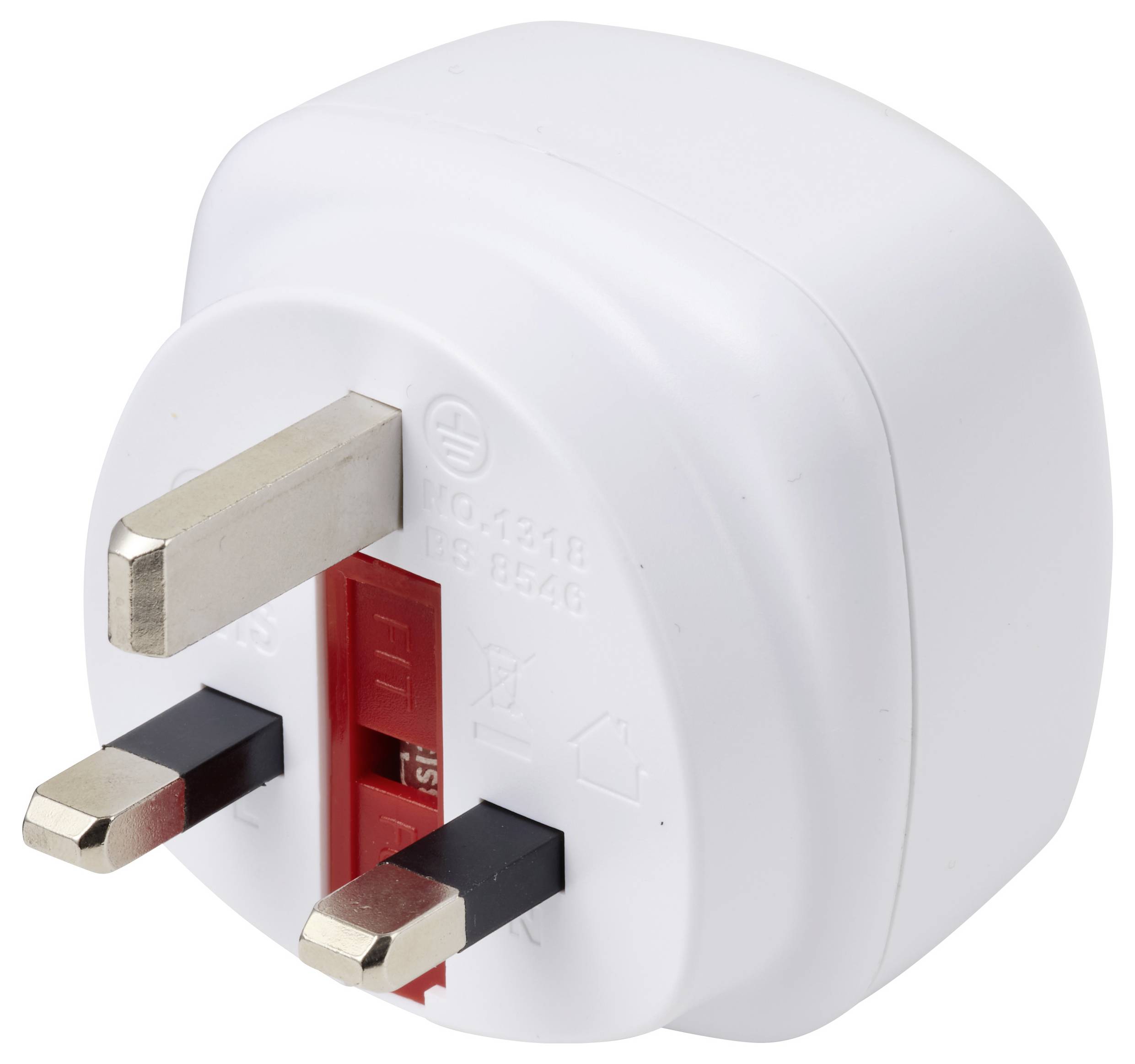 Weißer UK-Elektro-Steckeradapter mit drei flachen Stiften und rotem Schalter, entwickelt zum Umwandeln von Steckern für UK-Steckdosen.