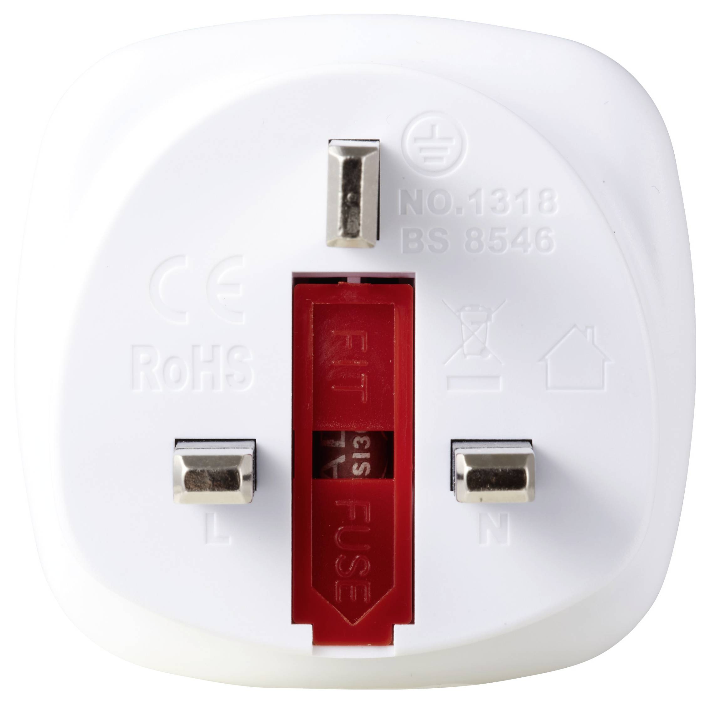 Weißer elektrischer Stecker mit drei Metallstiften und einem roten Sicherungsschlitz in der Mitte, beschriftet mit ‚SICHERUNG'.