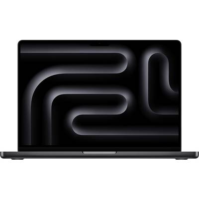 Ein Laptop mit einem dunklen Bildschirm, der gebogene, abstrakte Linien zeigt und ein modernes und minimalistisches Design kreiert.