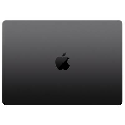 Ein geschlossener Laptop in einer dunklen Farbe, auf dem in der Mitte ein markantes stilisiertes Apple-Symbol zu sehen ist.