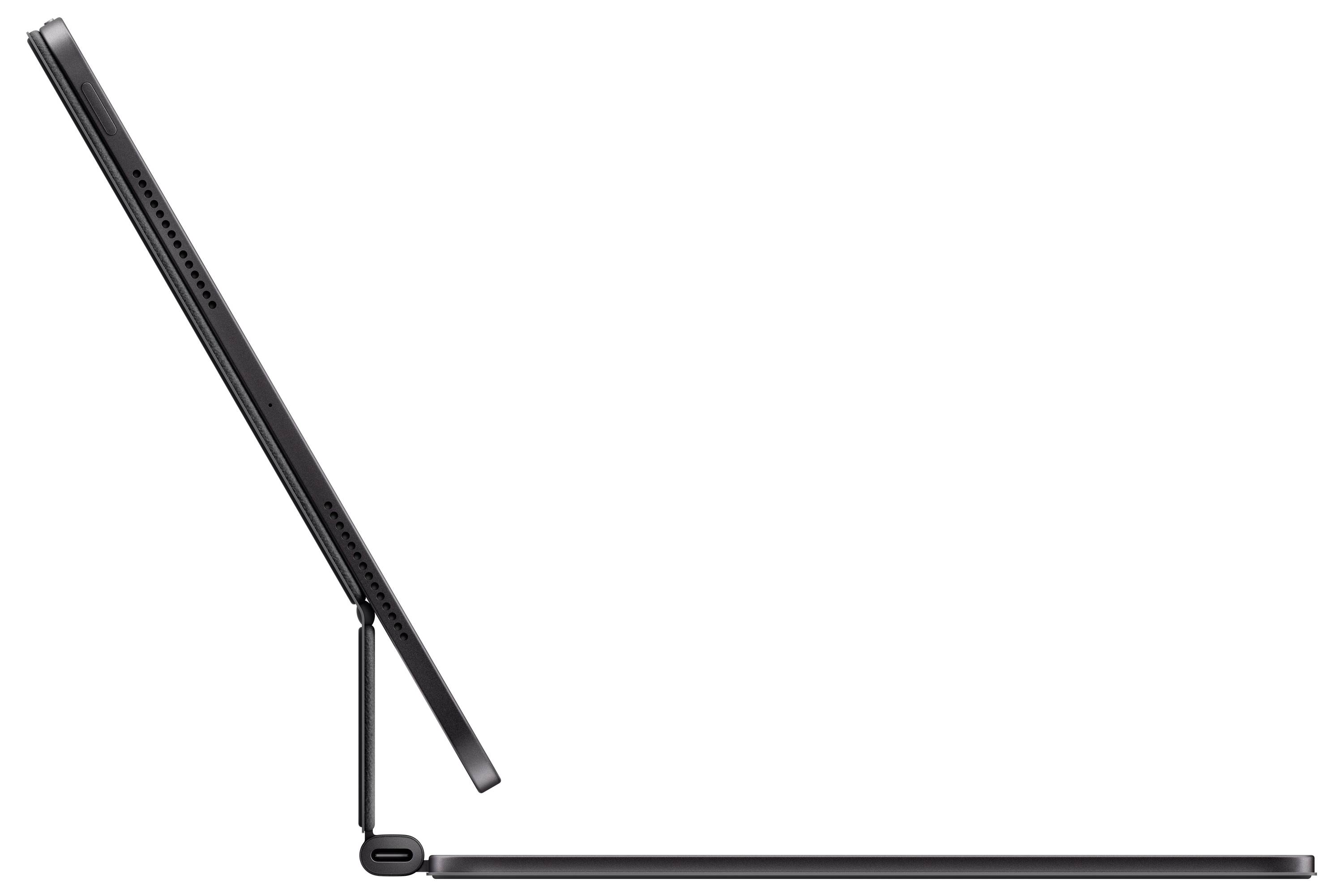 Seitenansicht eines Tablets, das an einem Tastaturständer befestigt ist und sein schlankes und dünnes Design präsentiert, in einem ergonomischen Betrachtungswinkel positioniert.